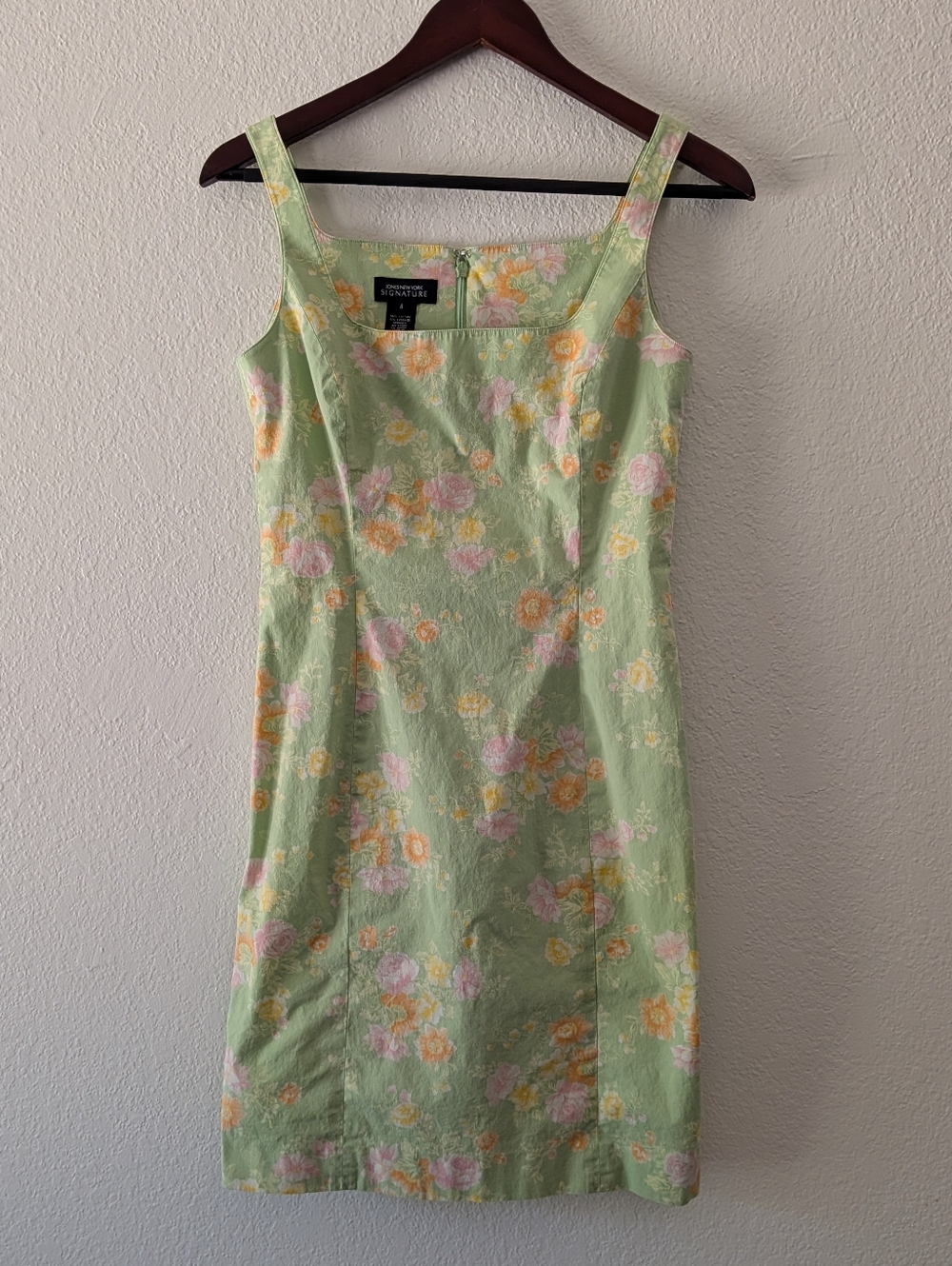 Vintage Jones New York Signature Green W/ Pink Floral Midi Dress Sleeveless Sz 4